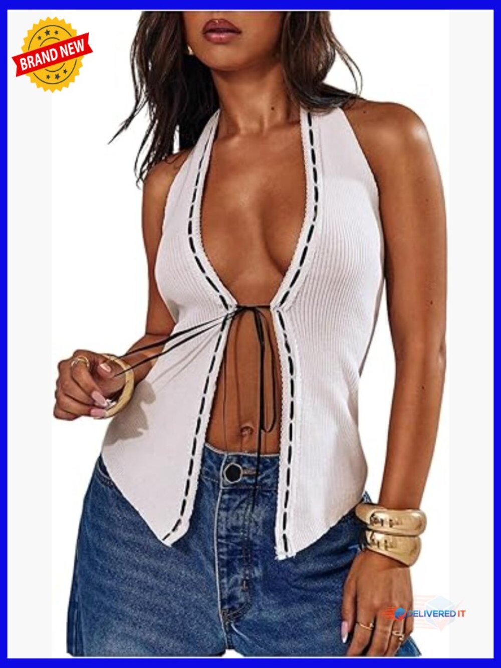Halter Tie Front Deep V Neck Tank Top Sleeveless Knit Going Out Top